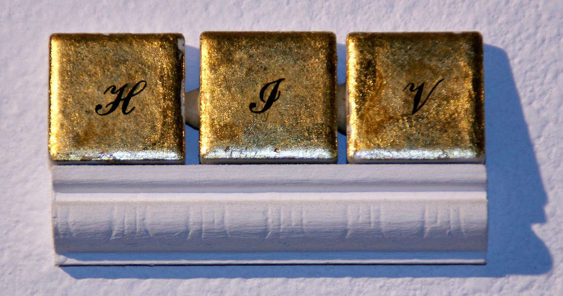 <br/>Day 2, 1998<br/>1" x 3"<br/>gold leaf and lettering on ceramic tiles